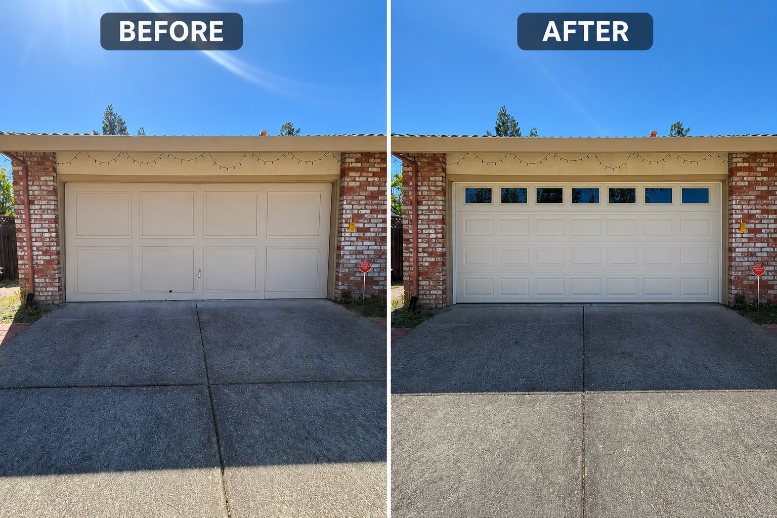 Before and after insulated steel garage door upgrade on a Five Canyons two-story home in Castro Valley